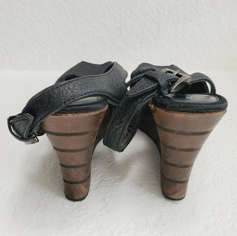 Rebeca Sanver Spain Y2K Leather Chunky Wedge Wood Platform Sandals 40EU